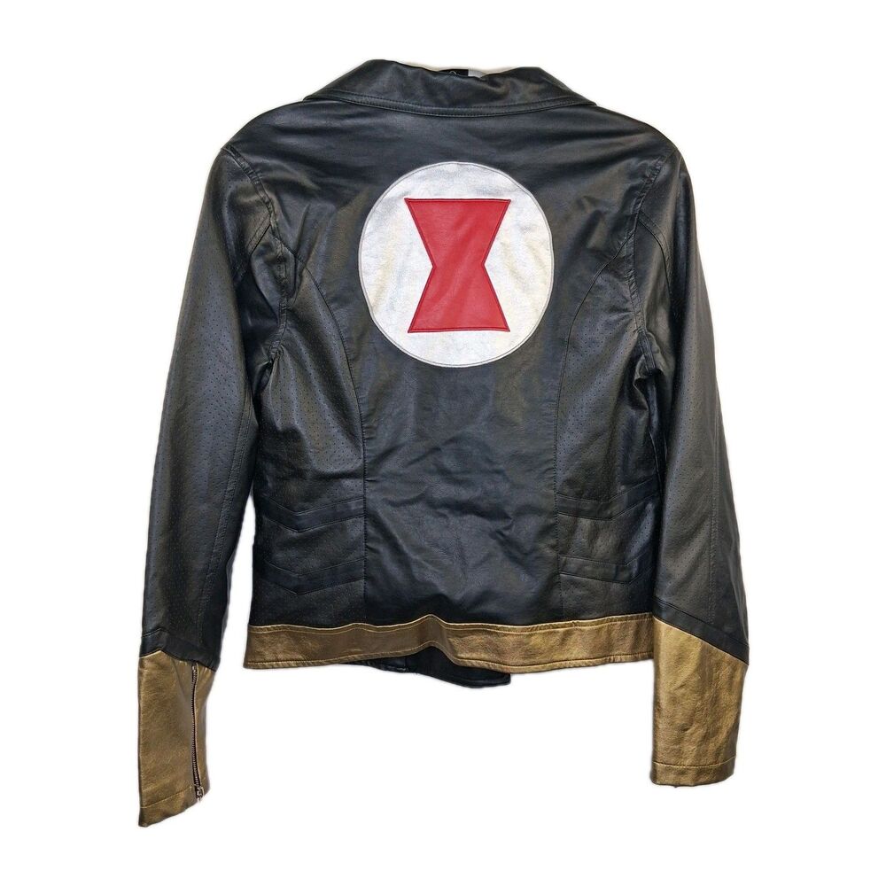Marvel Black Widow Her Universe Moto Jacket Black Gold Faux Leather Ss L Junior - Picture 7 of 16